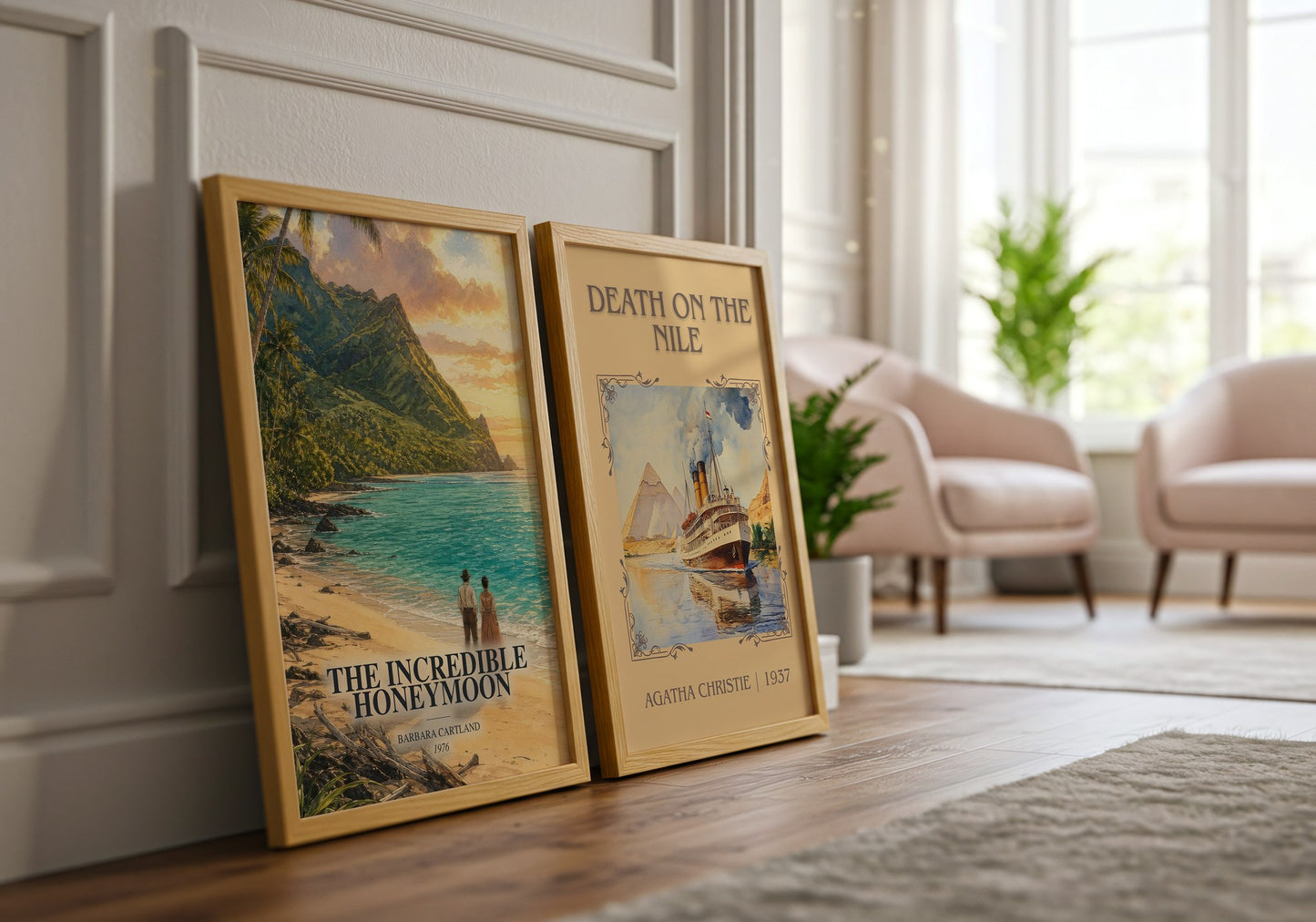 The Incredible Honeymoon watercolour print framed by window – literary home decor