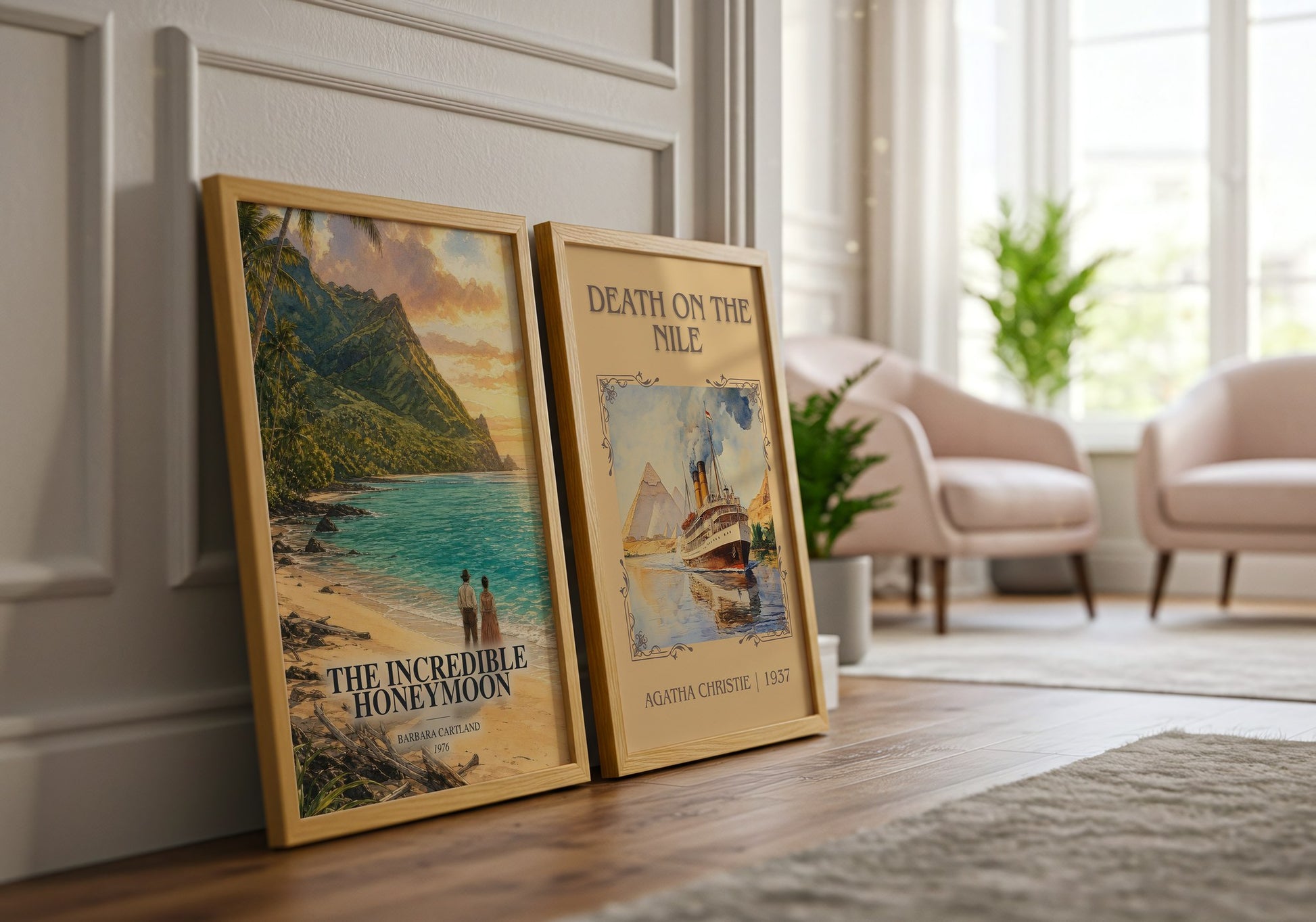 The Incredible Honeymoon watercolour print framed by window – literary home decor