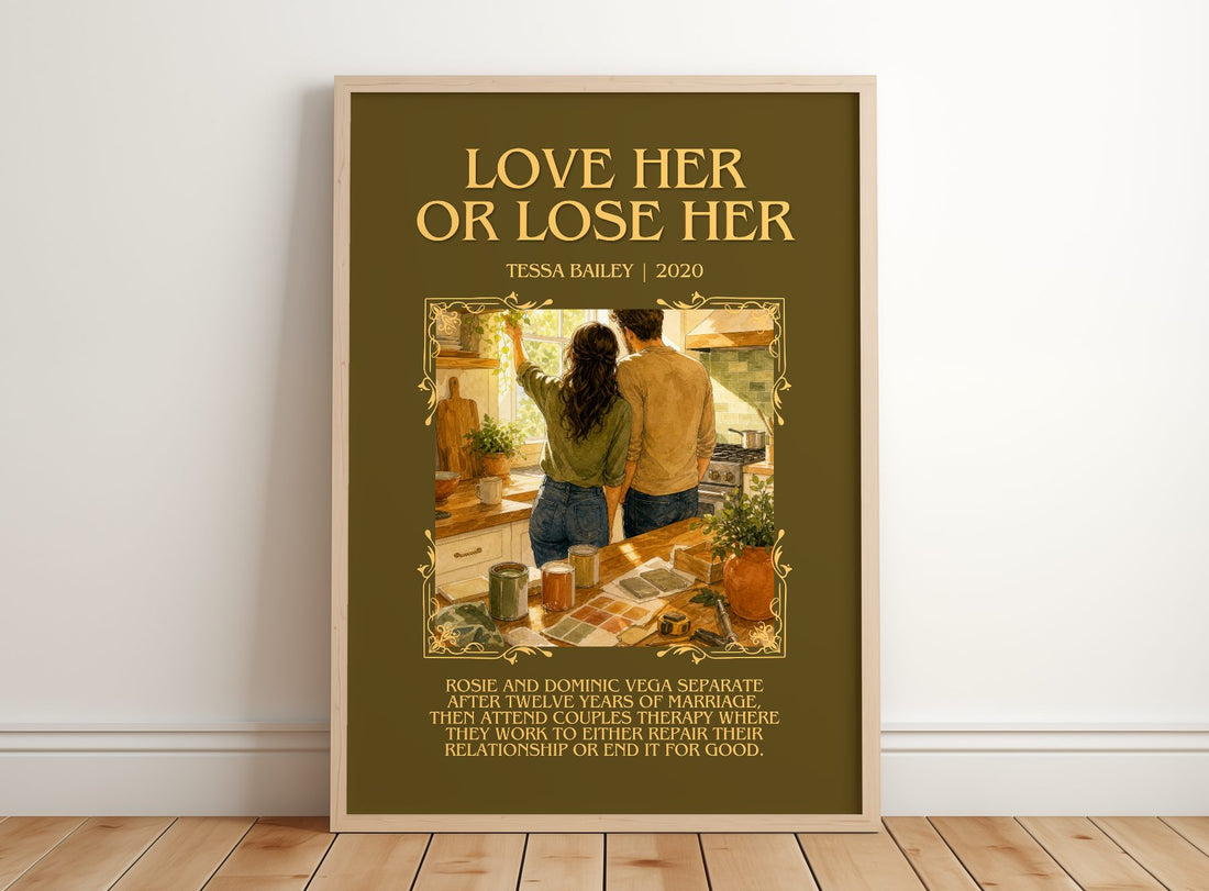 Love Her or Lose Her Minimalist Book Poster by Tessa Bailey – framed print leaning on a wooden floor