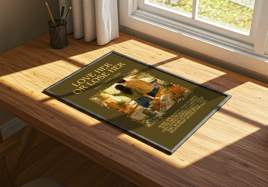 Love Her or Lose Her Minimalist Book Poster by Tessa Bailey – print on a sunlit desk