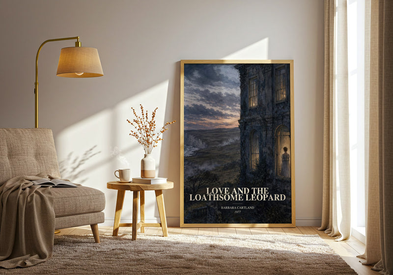 Love And The Loathsome Leopard watercolour print in frame leaning in hallway – romance wall art