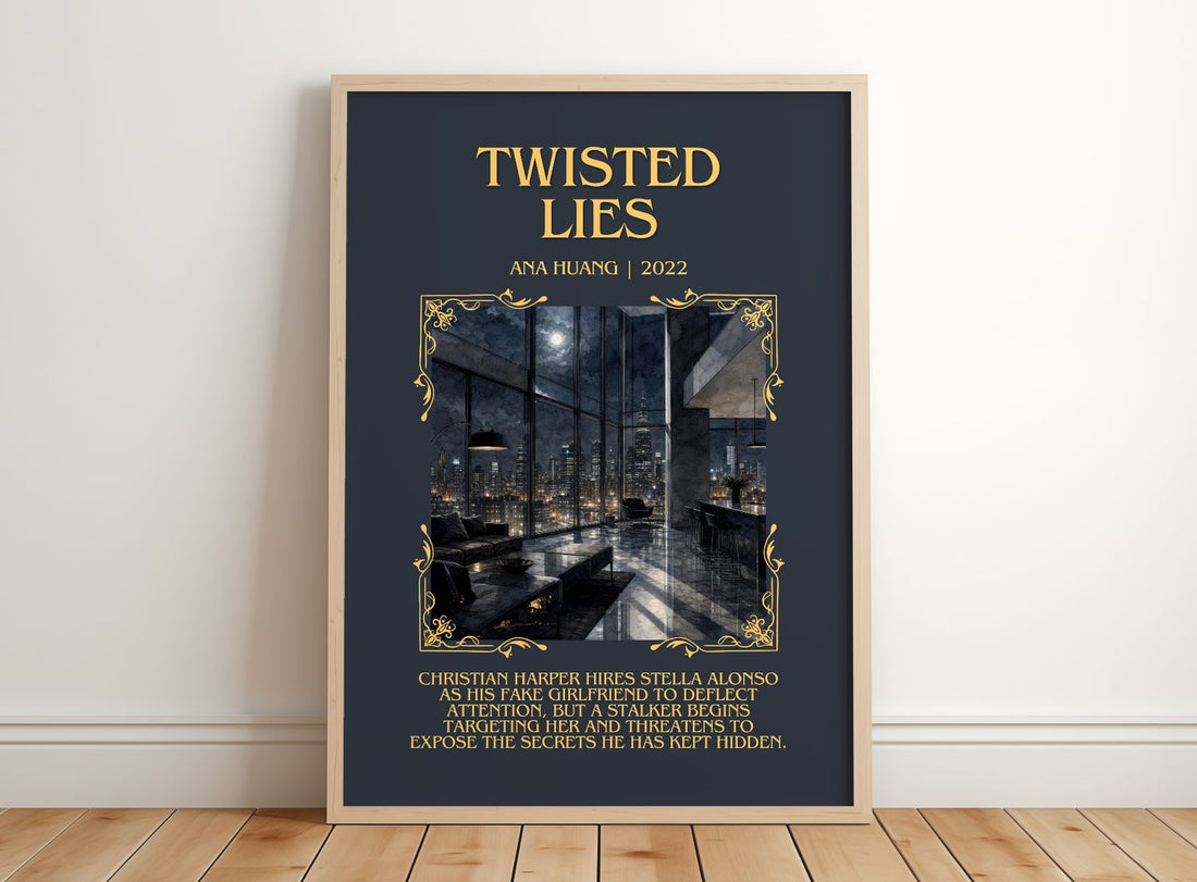 Twisted Lies Minimalist Book Poster by Ana Huang – framed print leaning on a wooden floor
