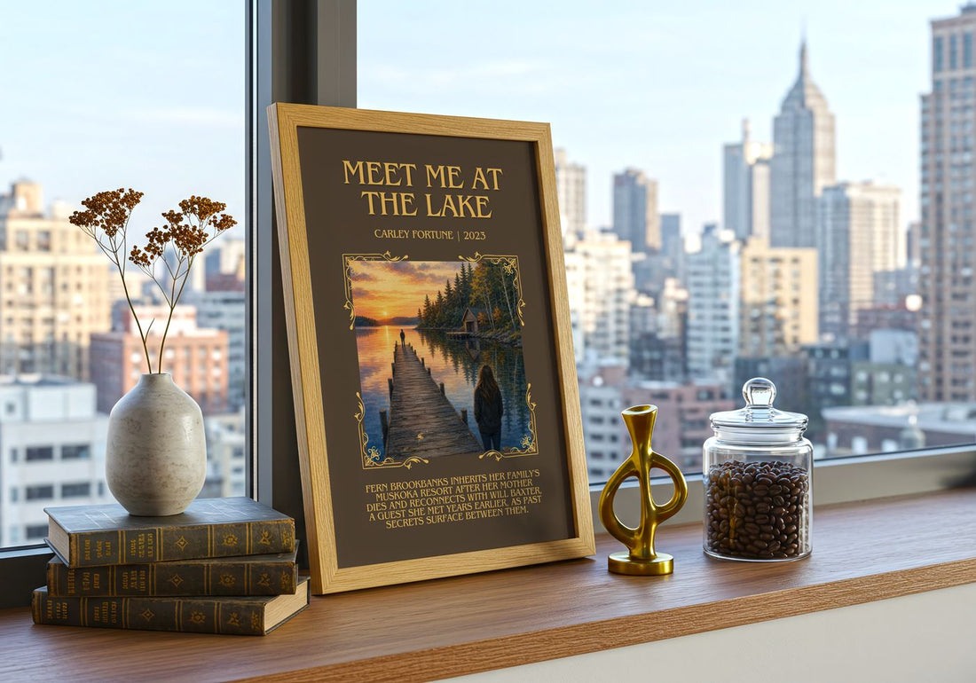 Meet Me at the Lake Minimalist Book Poster by Carley Fortune – framed print on a city-view windowsill