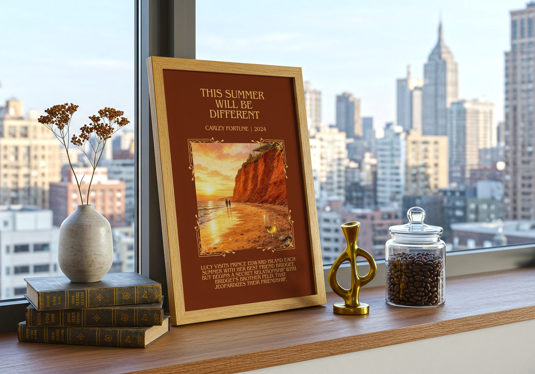 This Summer Will Be Different Minimalist Book Poster by Carley Fortune – framed print on a city-view windowsill
