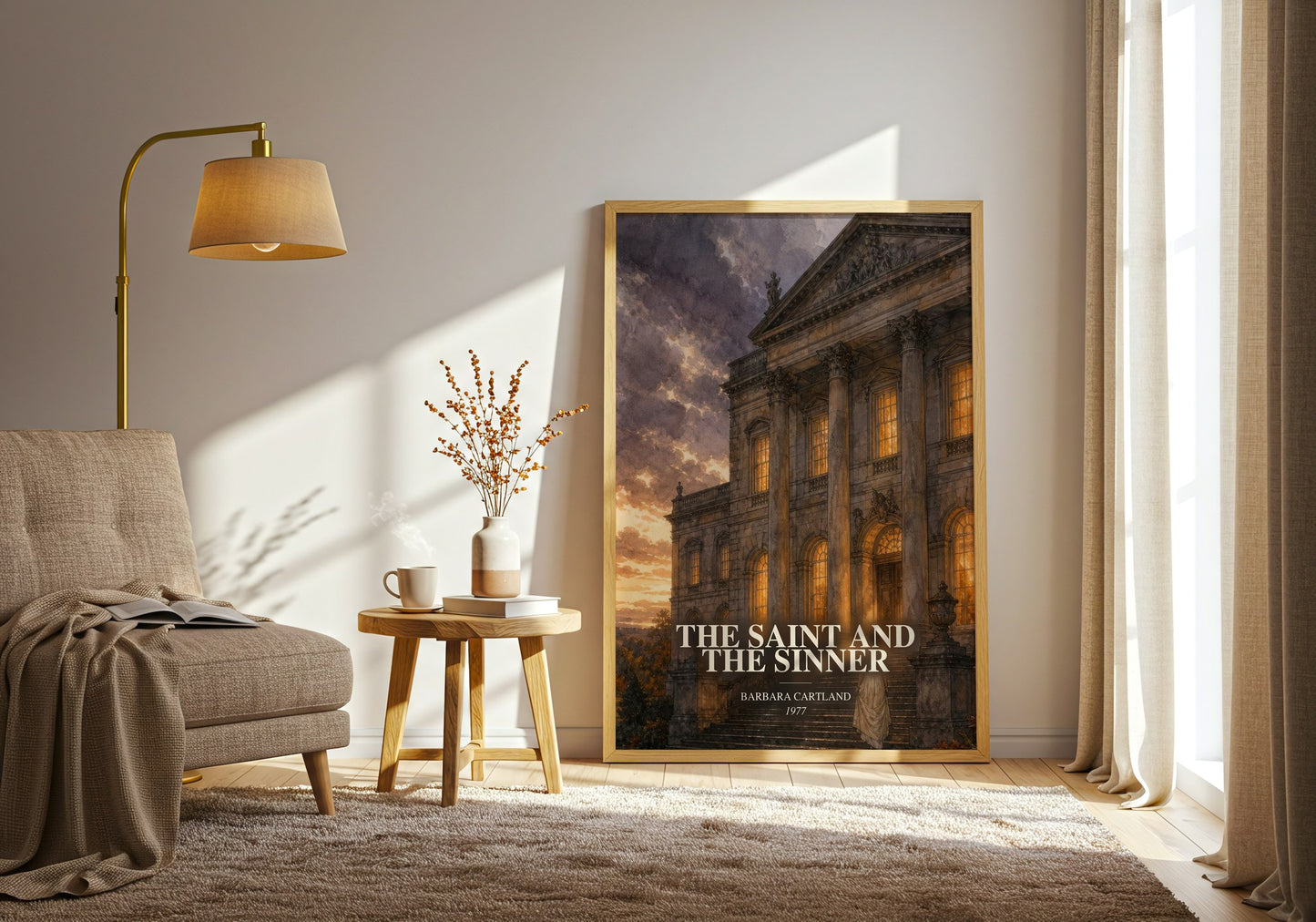 The Saint And The Sinner watercolour print in frame leaning in hallway – romance wall art