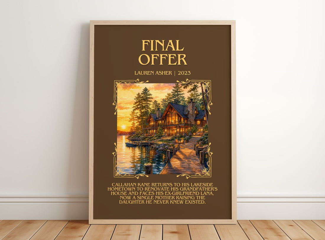 Final Offer Minimalist Book Poster by Lauren Asher – framed print leaning on a wooden floor