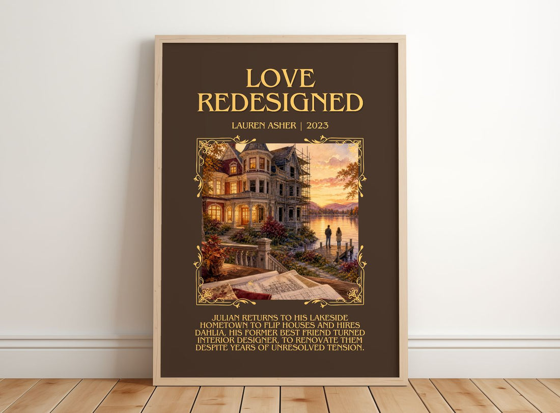 Love Redesigned Minimalist Book Poster by Lauren Asher – framed print leaning on a wooden floor