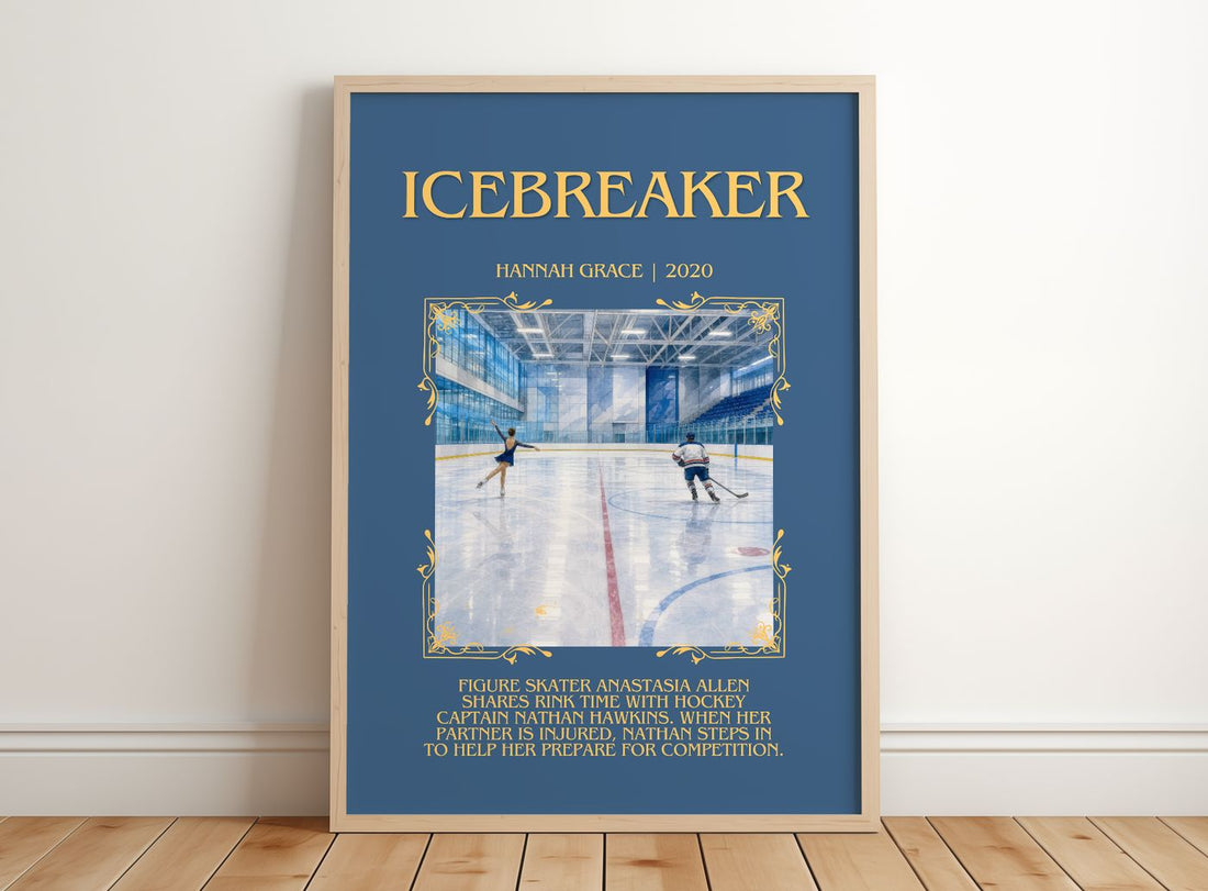 Icebreaker Minimalist Book Poster by Hannah Grace – framed print leaning on a wooden floor