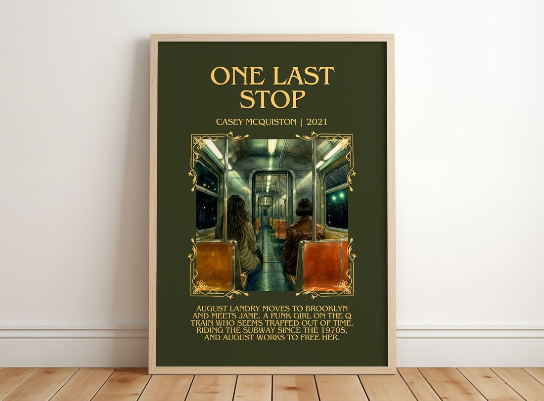 One Last Stop Minimalist Book Poster by Casey McQuiston – framed print leaning on a wooden floor