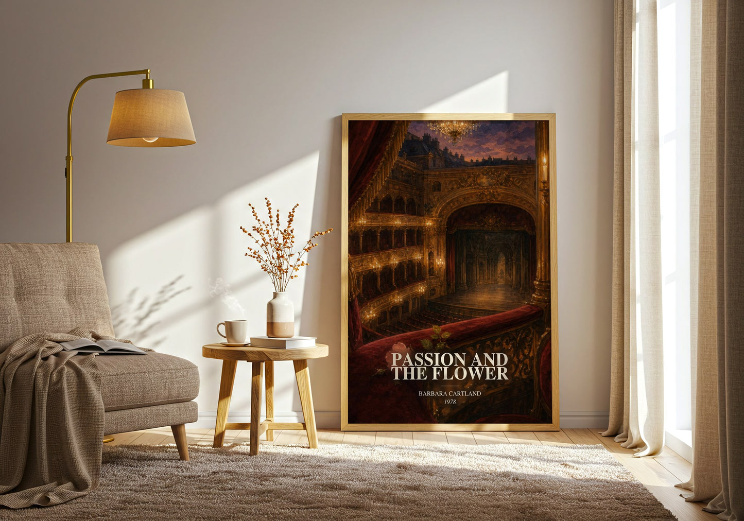 Passion And The Flower watercolour print in frame leaning in hallway – romance wall art