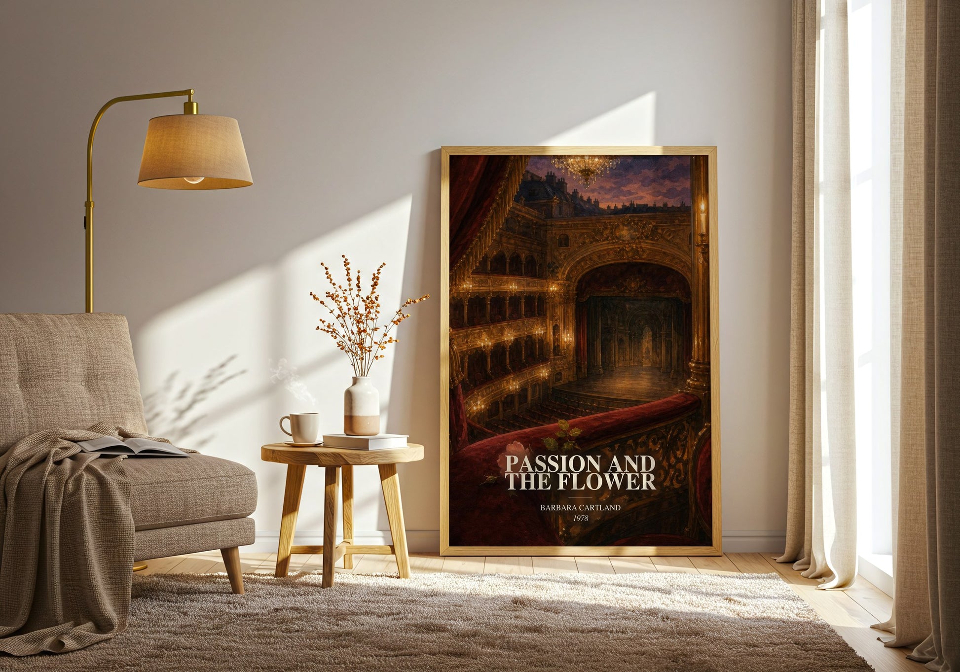 Passion And The Flower watercolour print in frame leaning in hallway – romance wall art