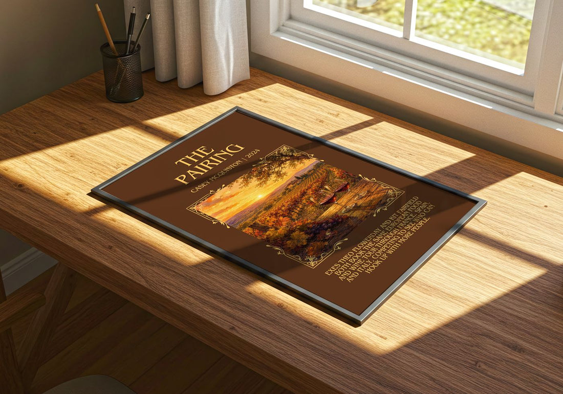 The Pairing Minimalist Book Poster by Casey McQuiston – print on a sunlit desk