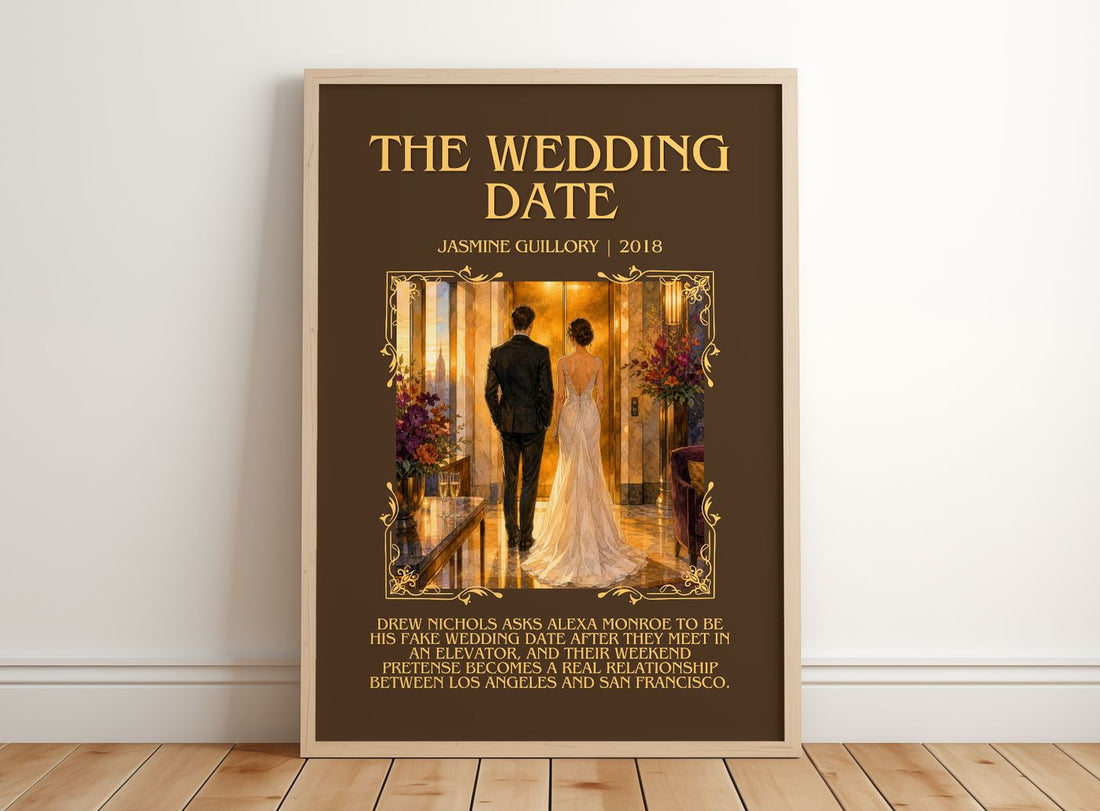 The Wedding Date Minimalist Book Poster by Jasmine Guillory – framed print leaning on a wooden floor