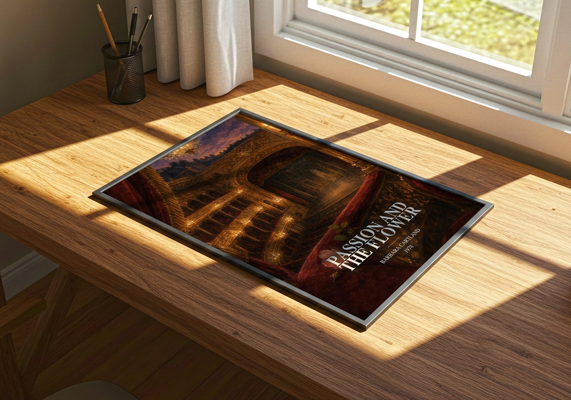 Passion And The Flower watercolour book poster framed on wall – romance wall art