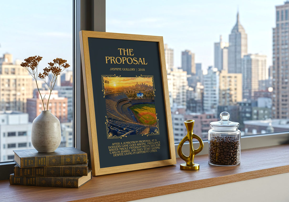 The Proposal Minimalist Book Poster by Jasmine Guillory – framed print on a city-view windowsill