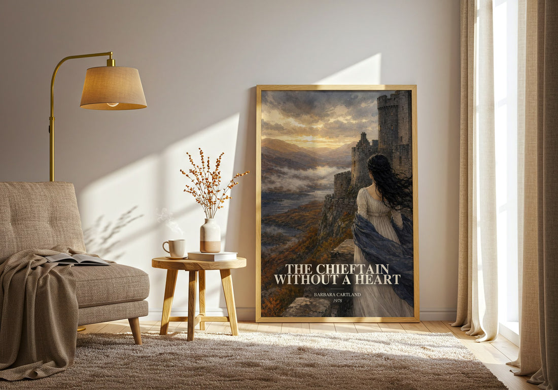 The Chieftain Without A Heart watercolour print in frame leaning in hallway – romance wall art