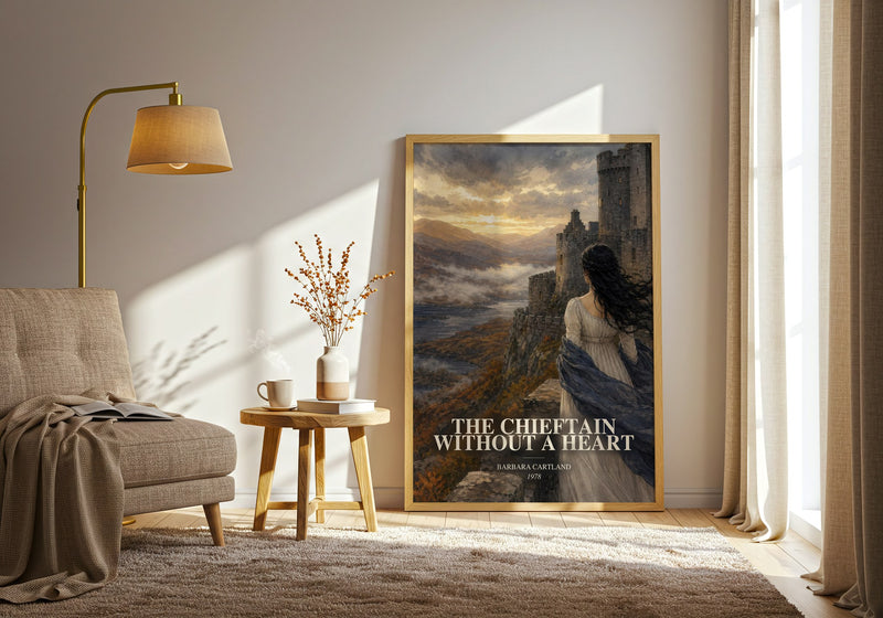 The Chieftain Without A Heart watercolour print in frame leaning in hallway – romance wall art