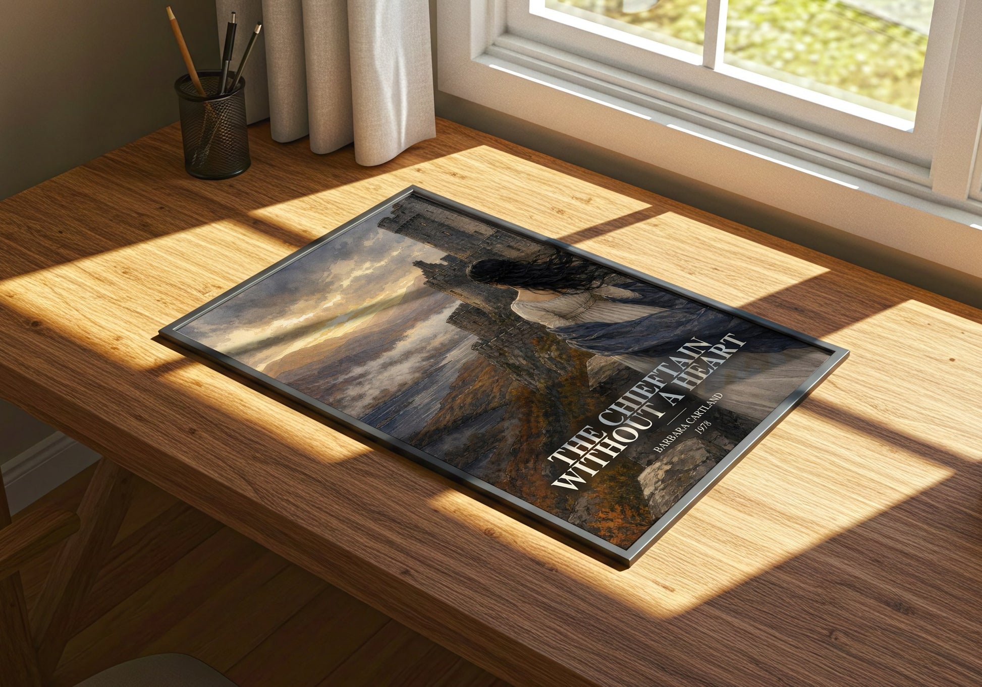 The Chieftain Without A Heart watercolour book poster framed on wall – romance wall art