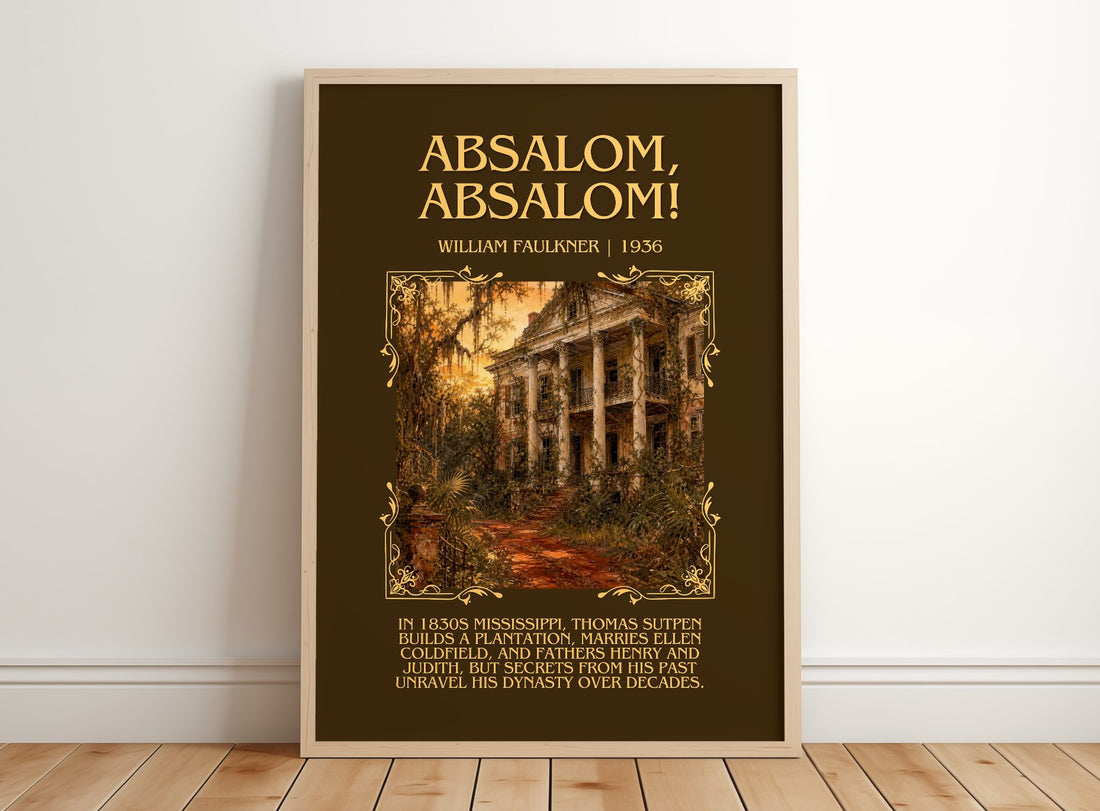 Absalom, Absalom! Minimalist Book Poster by William Faulkner – framed print leaning on a wooden floor