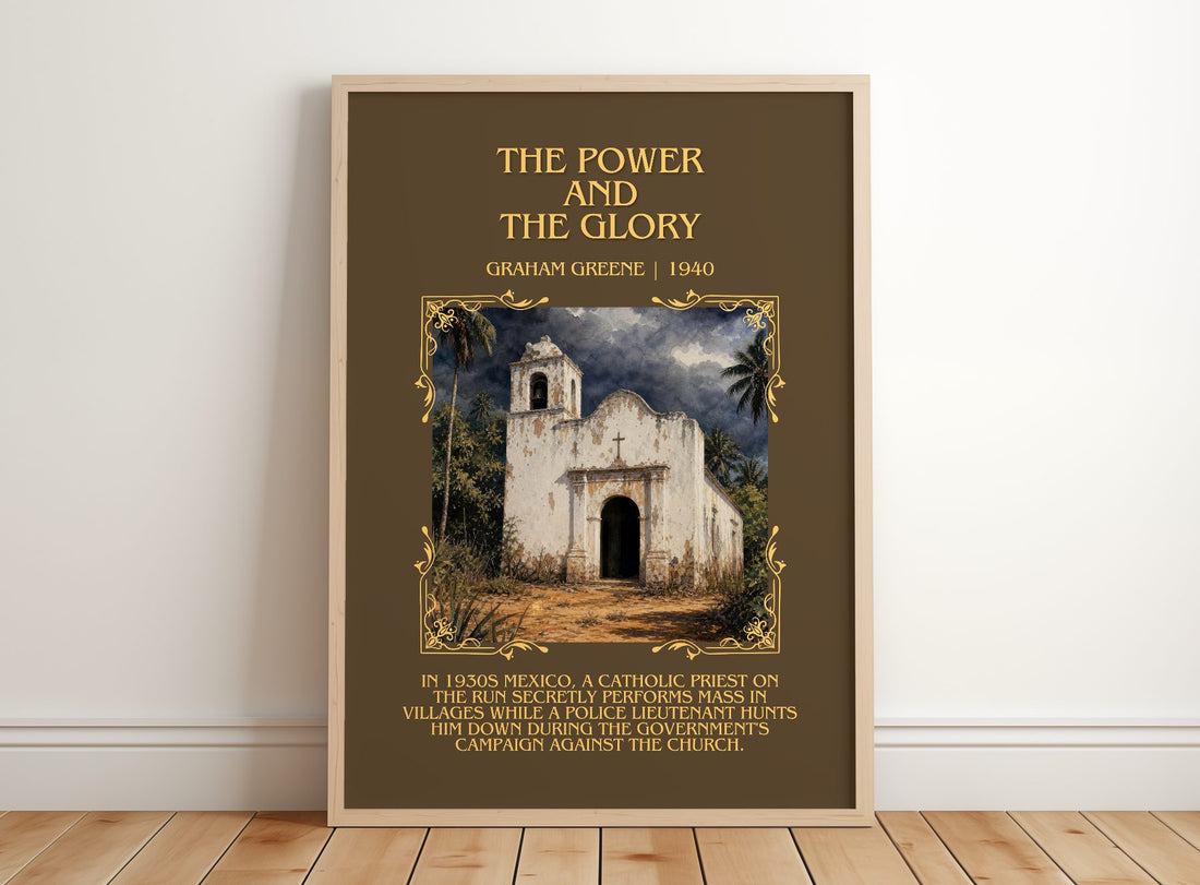 The Power and the Glory Minimalist Book Poster by Graham Greene – framed print leaning on a wooden floor