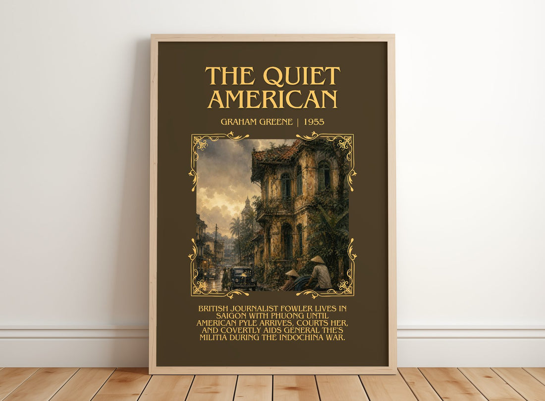 The Quiet American Minimalist Book Poster by Graham Greene – framed print leaning on a wooden floor