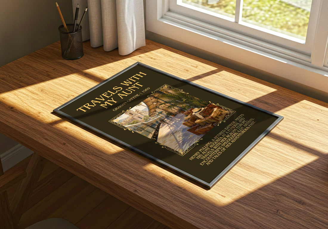 Travels with My Aunt Minimalist Book Poster by Graham Greene – print on a sunlit desk