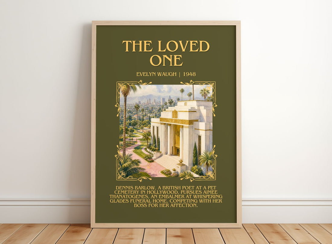 The Loved One Minimalist Book Poster by Evelyn Waugh – framed print leaning on a wooden floor