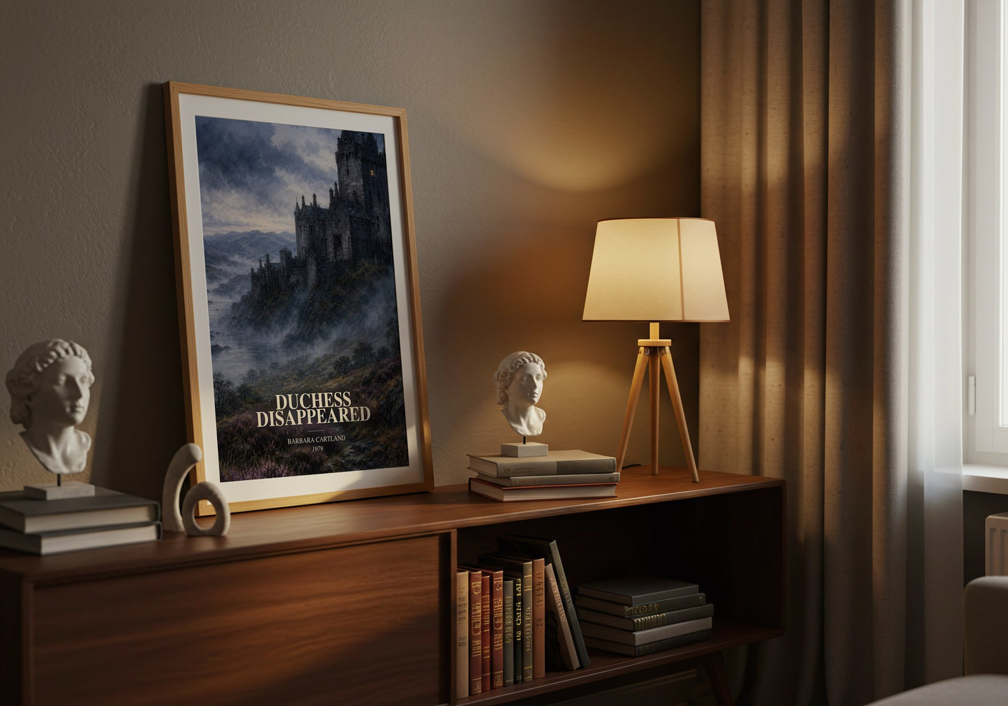 Duchess Disappeared watercolour print on bookshelf – Barbara Cartland fan gift