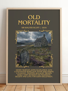 Old Mortality Minimalist Book Poster by Sir Walter Scott – framed print leaning on a wooden floor