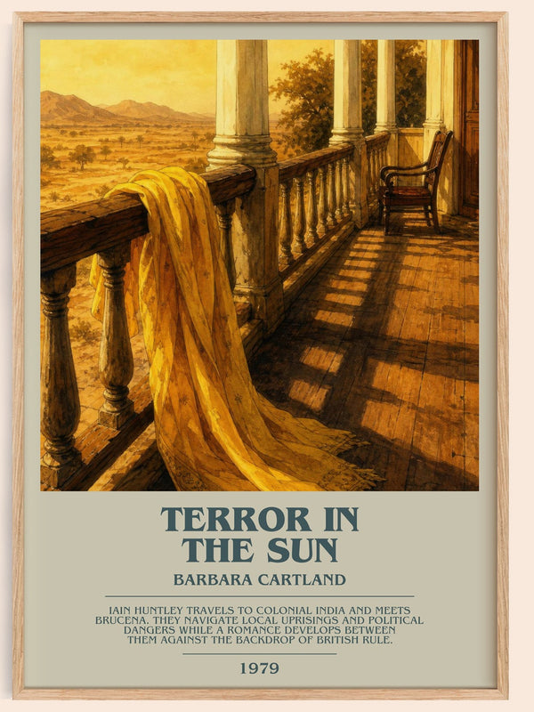 Terror In The Sun bookish book poster by Barbara Cartland – framed literary art print