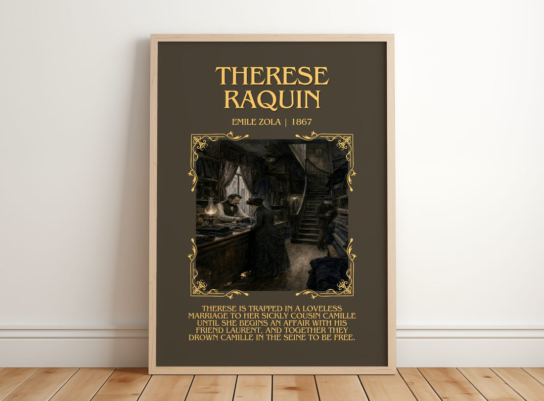 Thérèse Raquin Minimalist Book Poster by Émile Zola – framed print leaning on a wooden floor