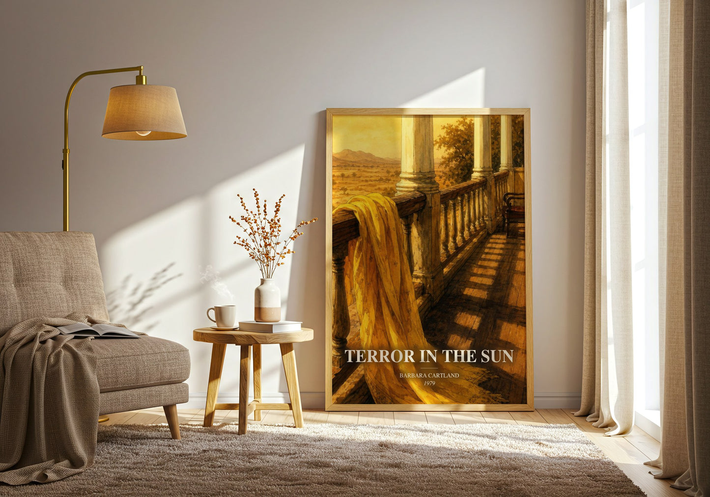 Terror In The Sun watercolour print in frame leaning in hallway – romance wall art