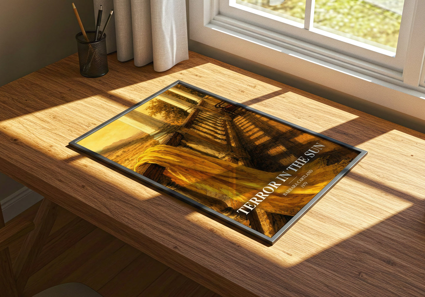 Terror In The Sun watercolour book poster framed on wall – romance wall art