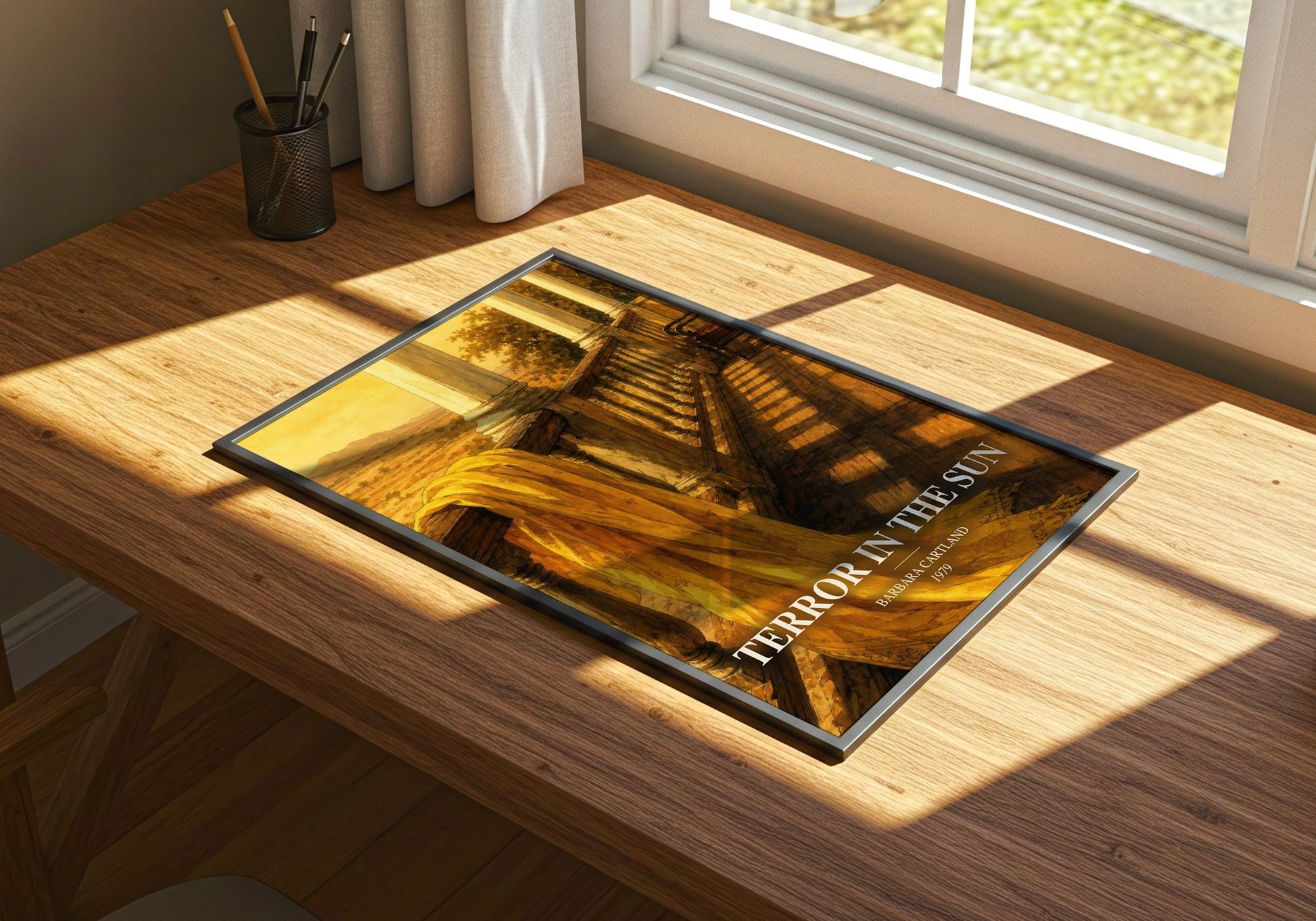 Terror In The Sun watercolour book poster framed on wall – romance wall art