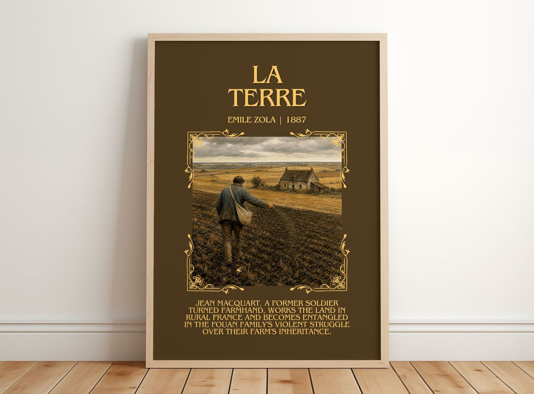 La Terre Minimalist Book Poster by Émile Zola – framed print leaning on a wooden floor