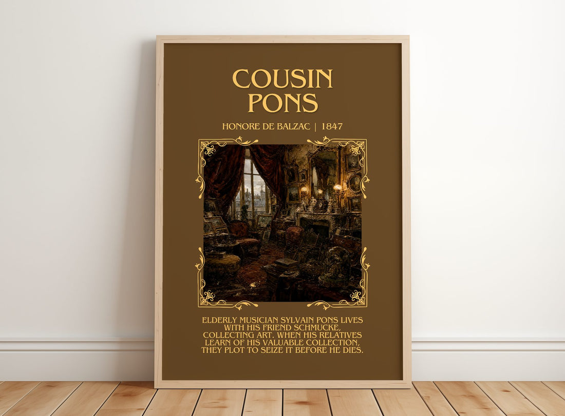 Cousin Pons Minimalist Book Poster by Honoré de Balzac – framed print leaning on a wooden floor