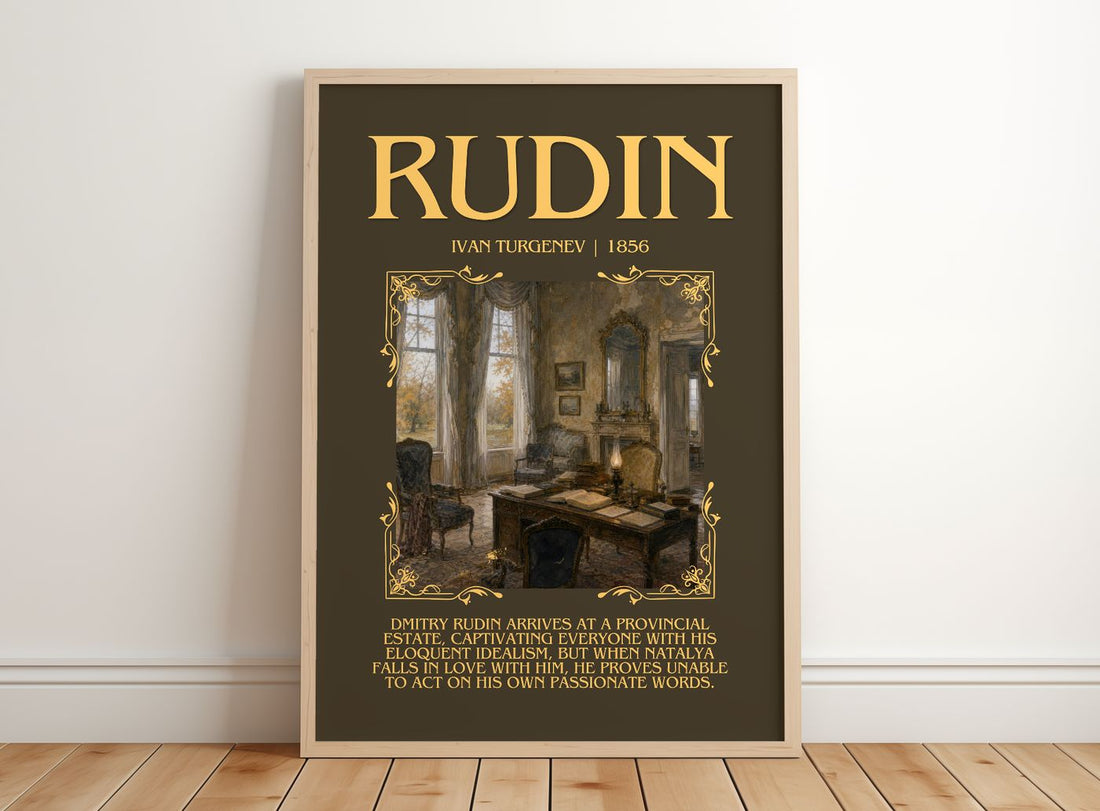 Rudin Minimalist Book Poster by Ivan Turgenev – framed print leaning on a wooden floor