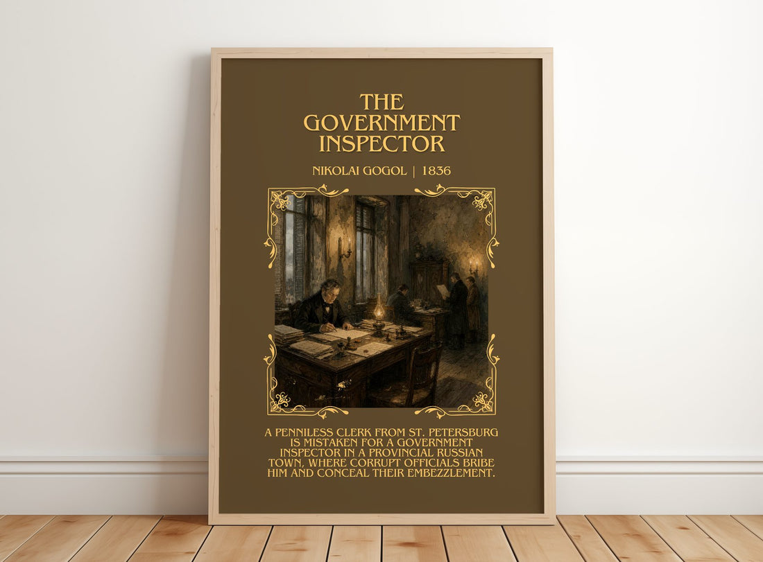The Government Inspector Minimalist Book Poster by Nikolai Gogol – framed print leaning on a wooden floor