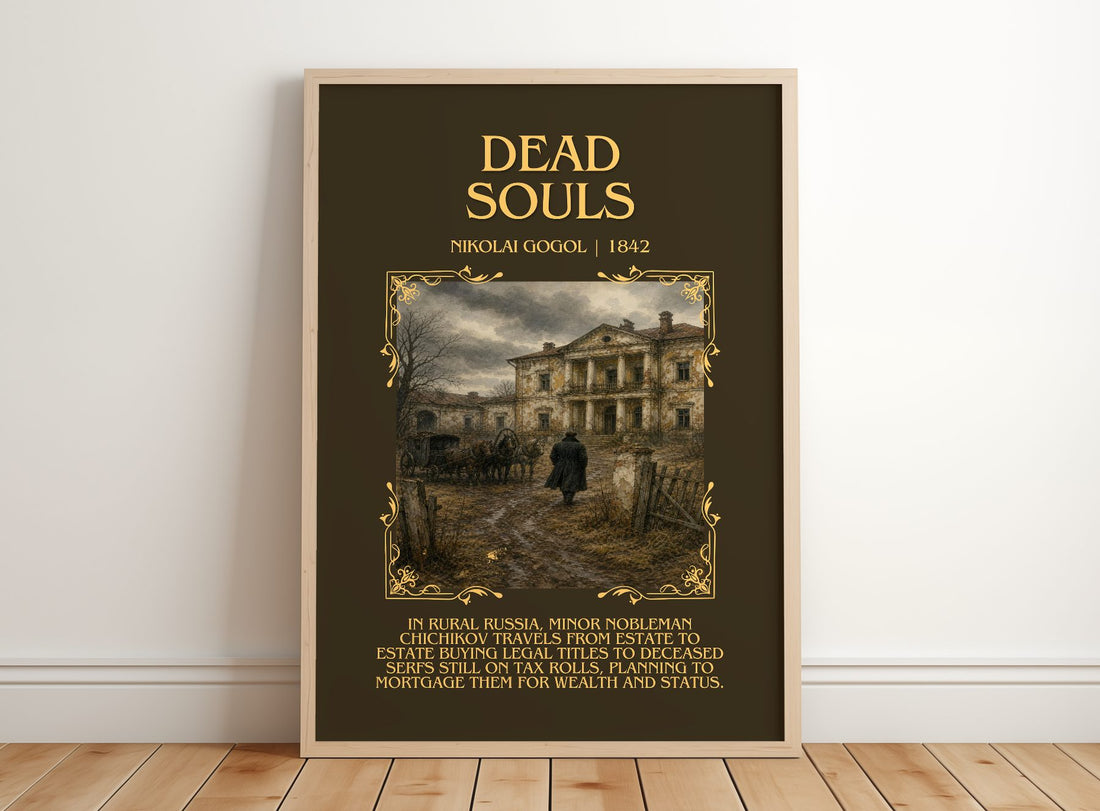 Dead Souls Minimalist Book Poster by Nikolai Gogol – framed print leaning on a wooden floor