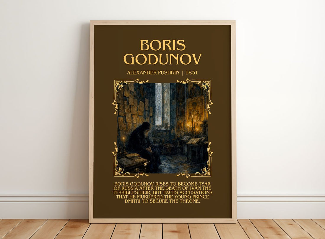 Boris Godunov Minimalist Book Poster by Alexander Pushkin – framed print leaning on a wooden floor