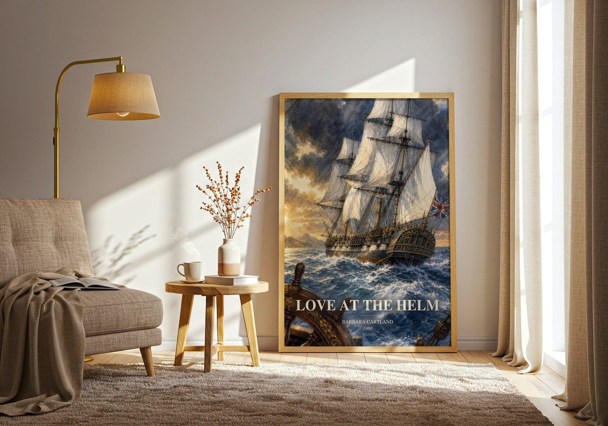 Love At The Helm watercolour print in frame leaning in hallway – romance wall art