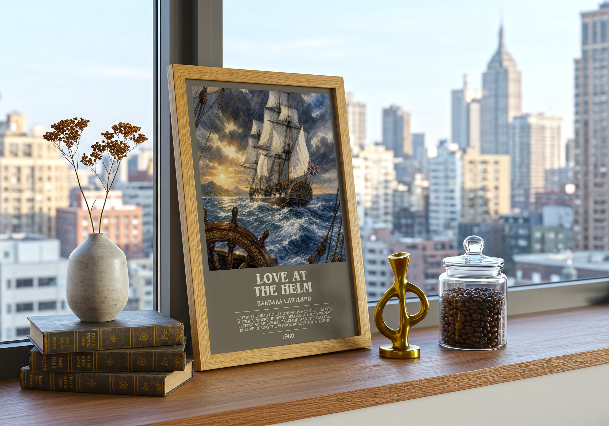 Love At The Helm bookish print framed by window – literary home decor