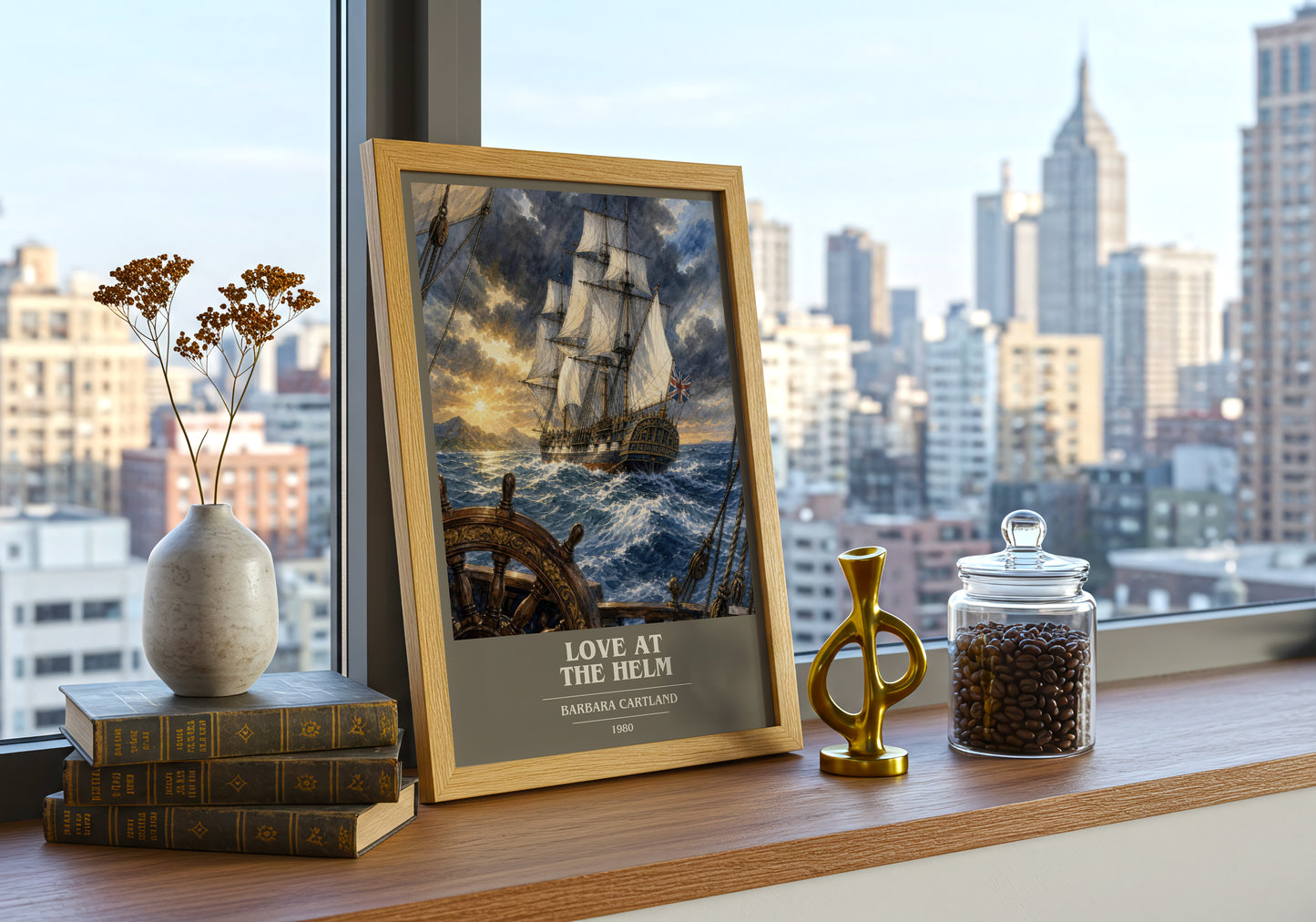 Love At The Helm book cover print framed by window – literary home decor