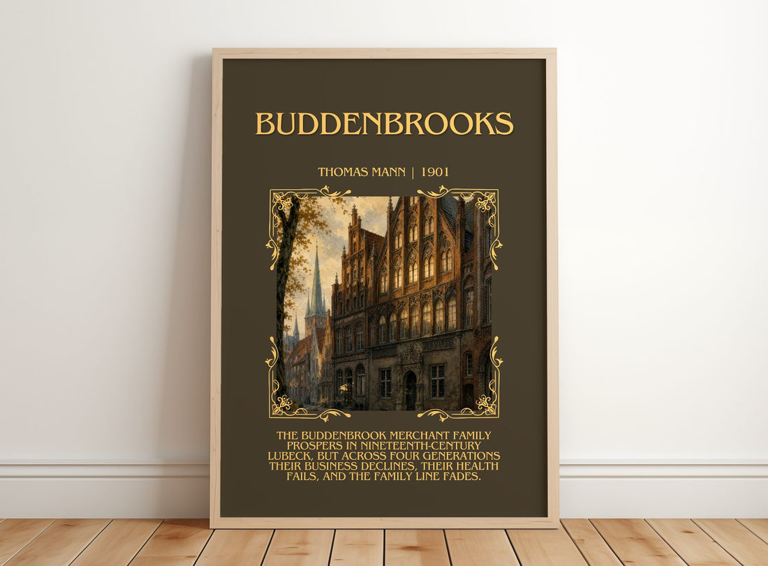 Buddenbrooks Minimalist Book Poster by Thomas Mann – framed print leaning on a wooden floor