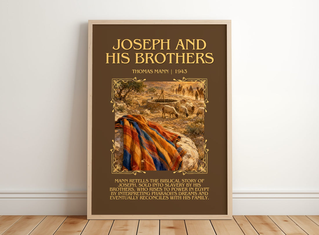 Joseph and His Brothers Minimalist Book Poster by Thomas Mann – framed print leaning on a wooden floor