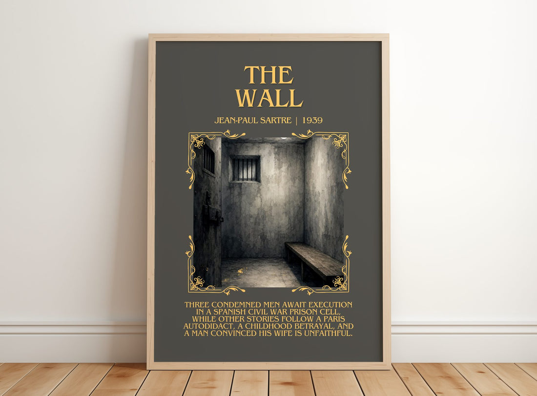The Wall Minimalist Book Poster by Jean-Paul Sartre – framed print leaning on a wooden floor