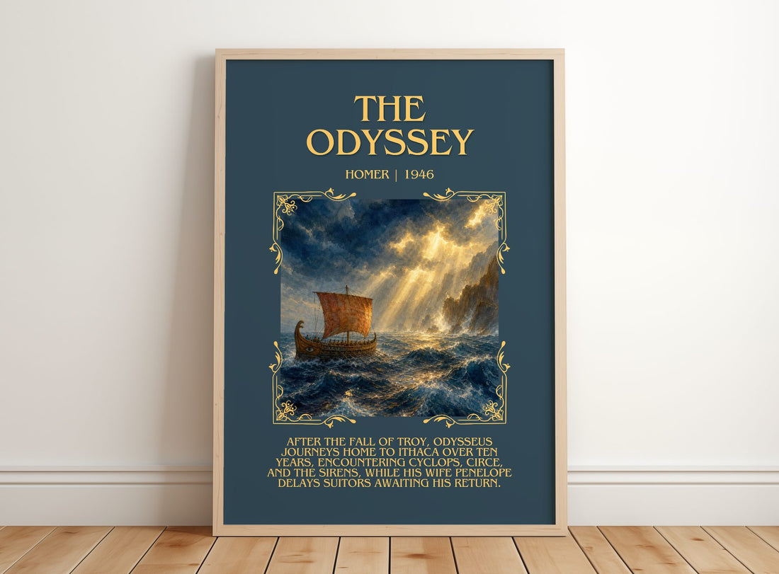 The Odyssey Minimalist Book Poster by Homer – framed print leaning on a wooden floor