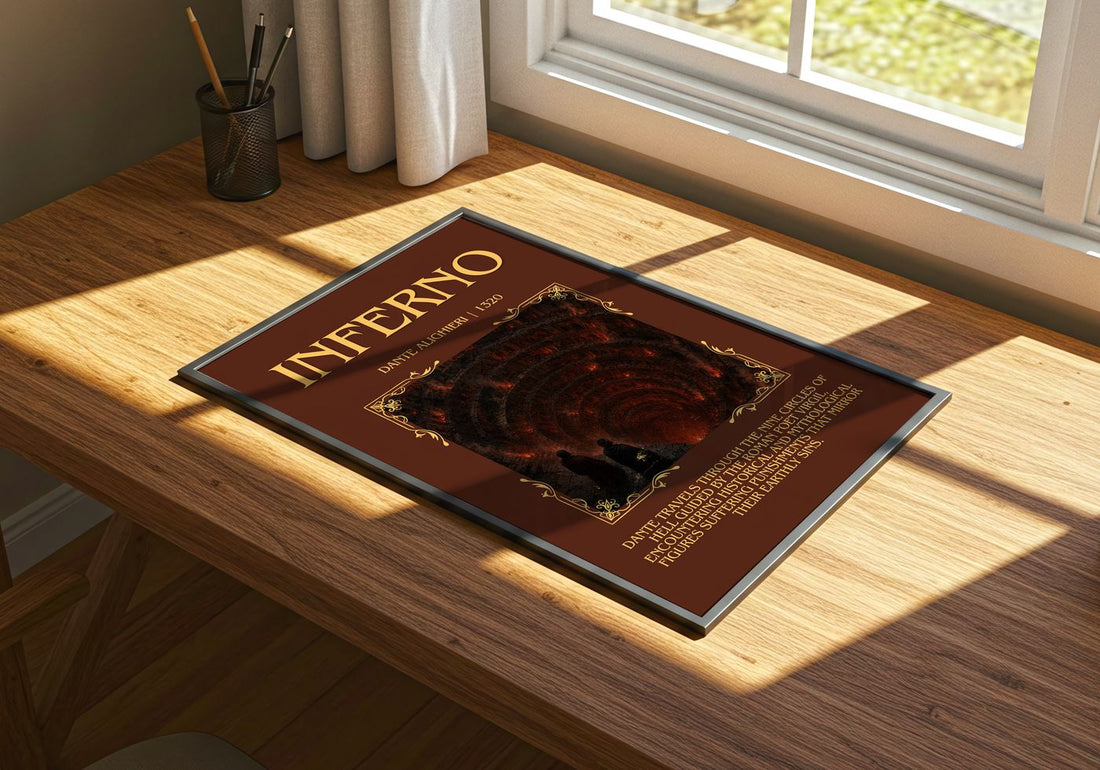 Inferno Minimalist Book Poster by Dante Alighieri – print on a sunlit desk