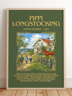 Pippi Longstocking Minimalist Book Poster by Astrid Lindgren – framed print leaning on a wooden floor