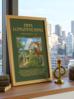 Pippi Longstocking Minimalist Book Poster by Astrid Lindgren – framed print on a city-view windowsill